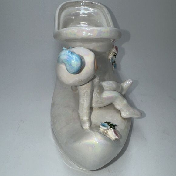 Vintage Lefton Pixie Elf On Boot Iridescent Planter Holiday Candy Dish 8" Japan - Picture 4 of 10